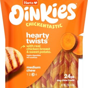 4 Pic Hartz Oinkies Chickentastic Hearty Twists Dog Treats with Real Chicken Breast, Sweet Potato, and Smoked Pork, Long-Lasting Yet Highly Digestible, 24 Count